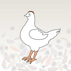 Happy white hen, surrounded by feathers. Vector illustration