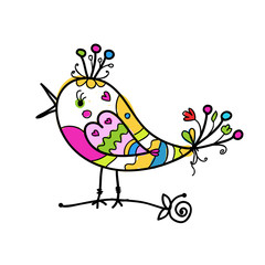 Sketch of funny colorful bird for your design