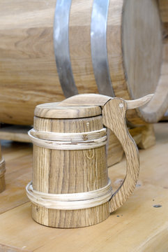 Old-fashioned, medieval wooden mug
