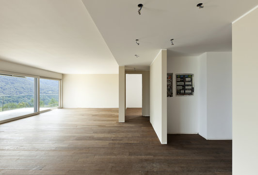 modern interior, empty apartment,, parquet floor