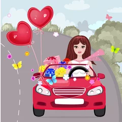 Foto op Plexiglas Gelukkig meisje met cadeaus met de auto © Aloksa