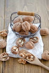Vintage mesh basket filled with walnuts