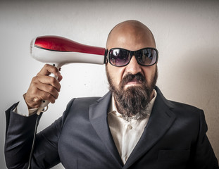 Naklejka premium man bearded and jacket with hairdraier and funny expressions