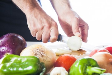 cut onion with vegetables table