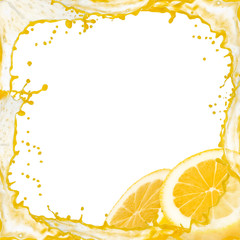 Splash frame with lemon slices isolated on white