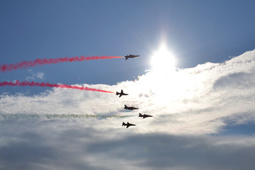 Planes from the RAF Red Arrows display team. - obrazy, fototapety, plakaty