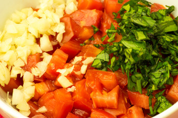 CHopped ingredients onion tomato garlic