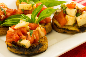 Fresh bruschetta with tomatoes cheese and basil