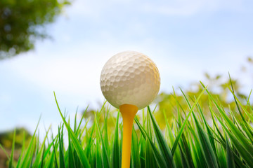 golf ball on yellow tee and blue sky background