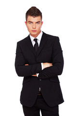 A young man in a black suit