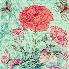 Grungy retro background with roses and butterflies