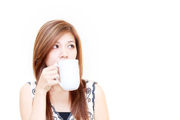 Asian woman holding a cup concept on white background