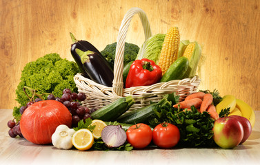 Fruits and vegetables in wicker basket