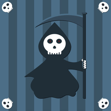 Funny reaper cartoon over blue stripes background