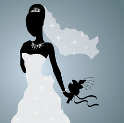 Silhouette of a beautiful bride standing and holding a bouquet. © Oksana