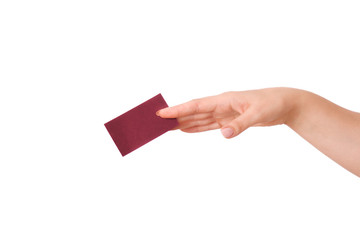 woman's hand holding a business card