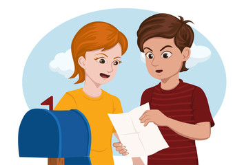 2 kids surprised while reading a letter