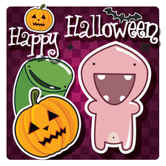 Happy Halloween card with monster, pumpkin and a bat, vector