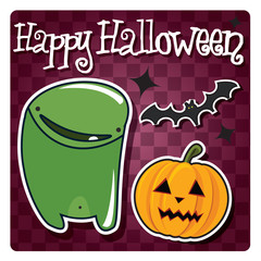 Happy Halloween card with monster, pumpkin and a bat, vector