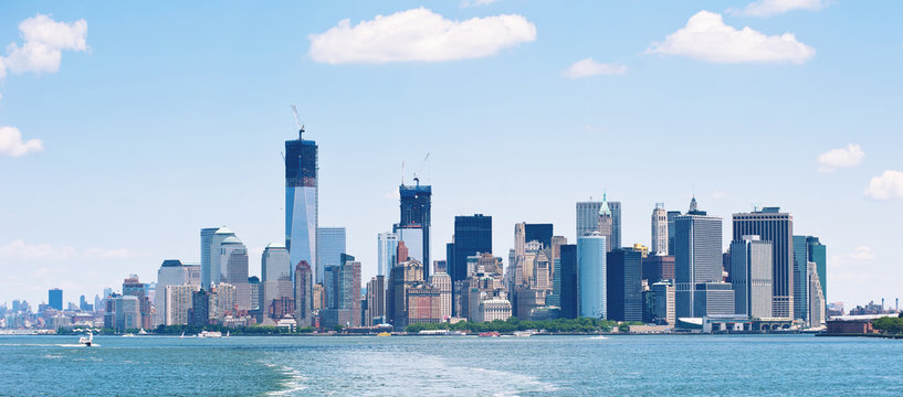 Panoramic image of lower Manhattan skyline.