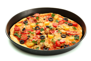 Delicious pizza with seafood in the frying pan isolated on