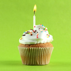 tasty birthday cupcake with candle, on green background