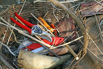 antique craftsman tools for the creation of wicker baskets