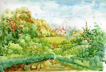 Fototapeta na wymiar Watercolor Landscape Collection: Village Life