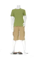 Green t-shirt on male mannequin in short with shoe