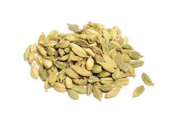 Pile of Green Cardamom (Cardamon) Pods Isolated on White