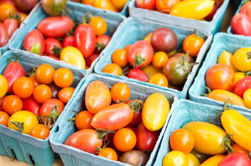 Baskets of colorful cherry tomatoes
