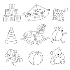 Set of outlined baby's toys.Vector illustration