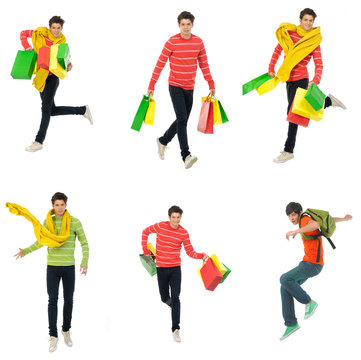 Collection photos of young man with shopping bag, jumping