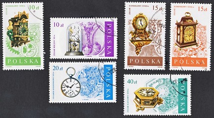 set of Polish stamps with old clocks