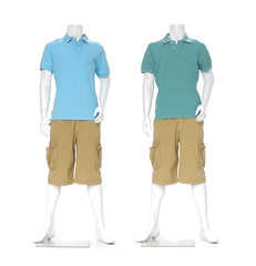 two male mannequin dressed in t- shirt with short pants