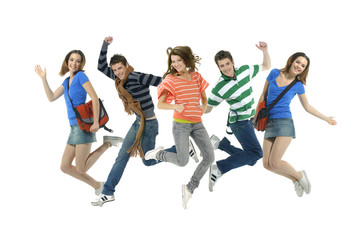 group of young friends jump together with fun