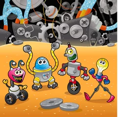  Robots met achtergrond. Cartoon en vector illustratie. © ddraw