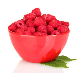 Fresh raspberries in colorful bowl isolated on white
