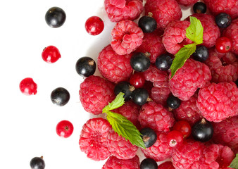ripe berries with mint, isolated on white.