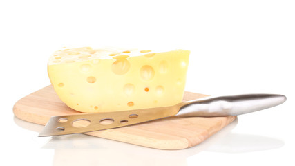 tasty cheese and knife on wooden board isolated on white
