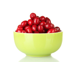 fresh cornel berries in bowl isolated on white