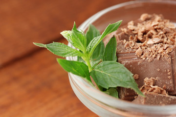 Pieces of chocolate and mint in the bowl