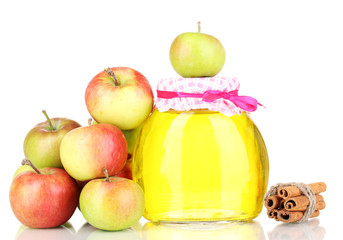 Honey and apples with cinnamon isolated on white