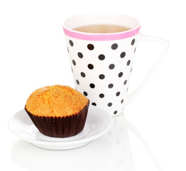 Fresh muffin with tea isolated on white