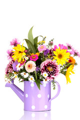 beautiful bouquet of bright flowers in watering can isolated
