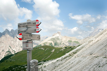 Mountain signs. Dolomites, Italy.