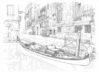 Venice - Calle Fondamenta Megio. Ancient building & gondola. Vec