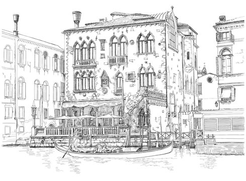 Fototapeta Venice - Grand Canal. Ancient building & gondola. Vector drawing
