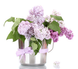 beautiful lilac flowers in metal bucket isolated on white
