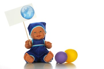Baby doll with ballons isolated white bacgroun
